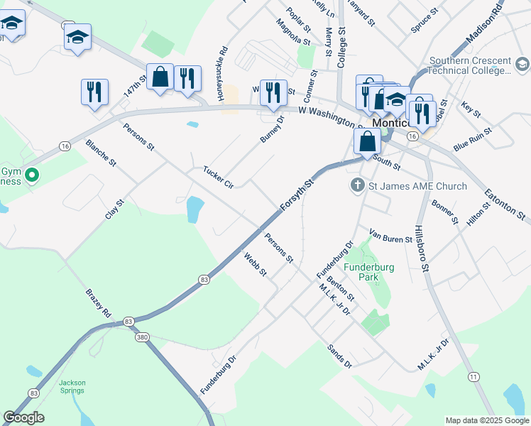 map of restaurants, bars, coffee shops, grocery stores, and more near 940 Forsyth Street in Monticello