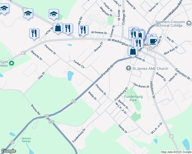 map of restaurants, bars, coffee shops, grocery stores, and more near 940 Forsyth Street in Monticello