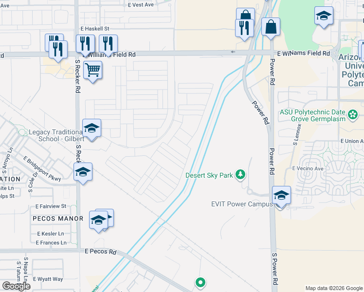 map of restaurants, bars, coffee shops, grocery stores, and more near 4418 E Leroy St in Gilbert