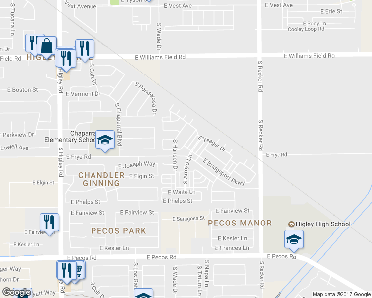 map of restaurants, bars, coffee shops, grocery stores, and more near 3766 South Anderson Lane in Gilbert