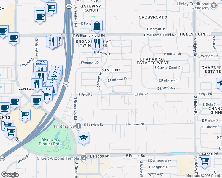 map of restaurants, bars, coffee shops, grocery stores, and more near 2615 East Bridgeport Parkway in Gilbert