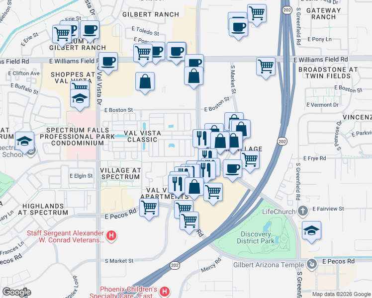 map of restaurants, bars, coffee shops, grocery stores, and more near 2781 South Equestrian Drive in Gilbert