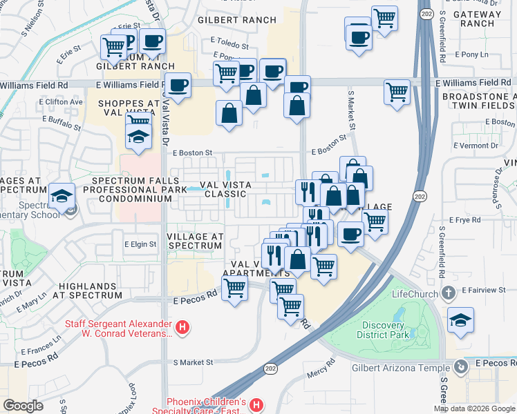 map of restaurants, bars, coffee shops, grocery stores, and more near 2772 South Catherine Drive in Gilbert