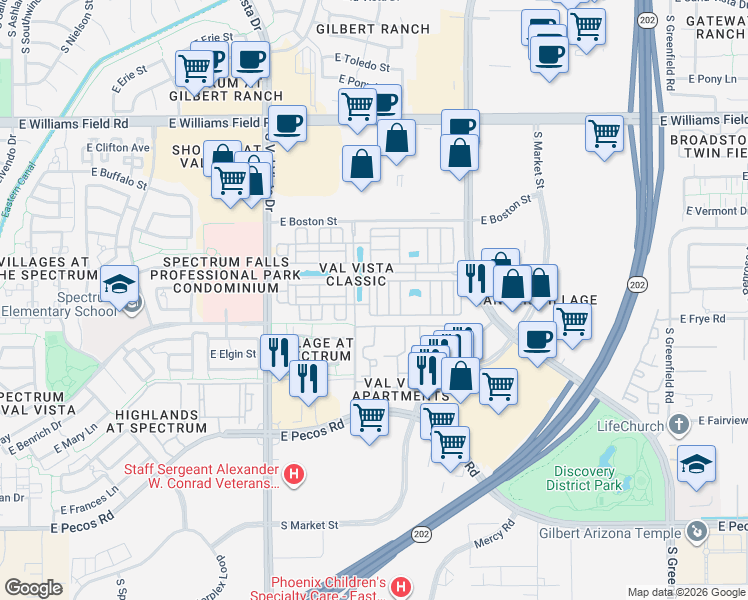 map of restaurants, bars, coffee shops, grocery stores, and more near 2778 South Voyager Drive in Gilbert