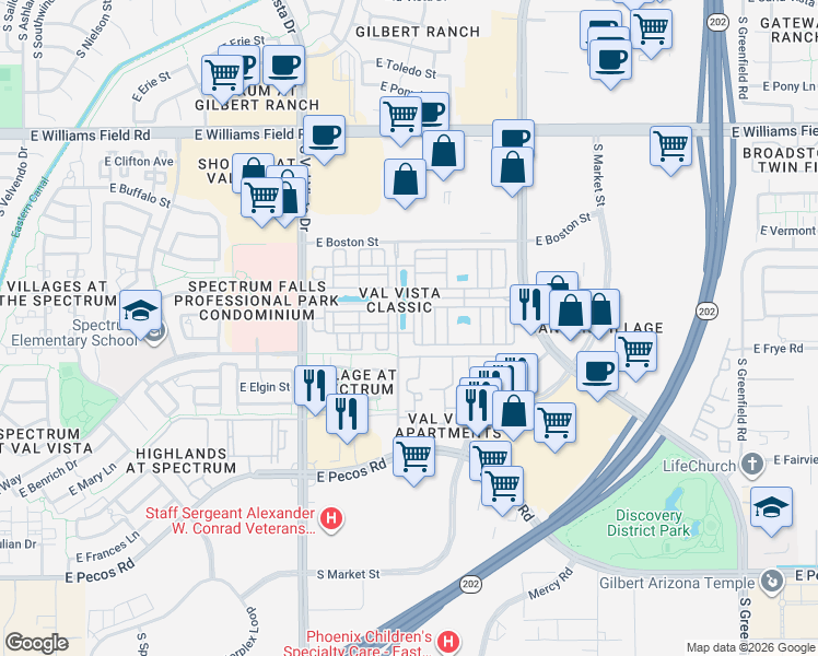 map of restaurants, bars, coffee shops, grocery stores, and more near 2778 South Voyager Drive in Gilbert