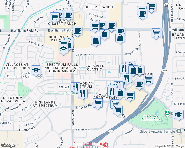 map of restaurants, bars, coffee shops, grocery stores, and more near 2778 South Voyager Drive in Gilbert
