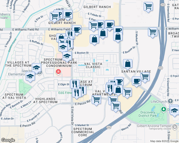 map of restaurants, bars, coffee shops, grocery stores, and more near 2773 South Key Biscayne Drive in Gilbert