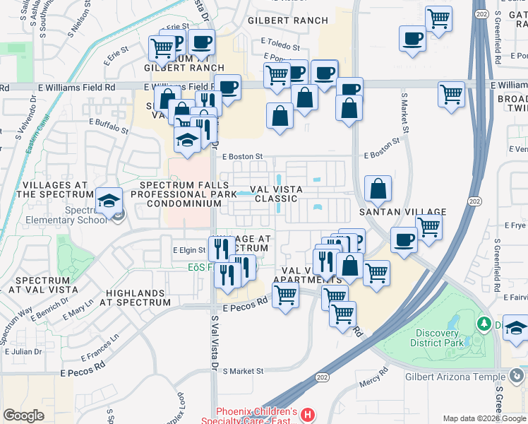 map of restaurants, bars, coffee shops, grocery stores, and more near 2773 South Key Biscayne Drive in Gilbert