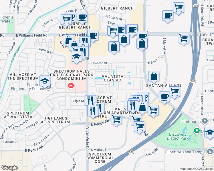 map of restaurants, bars, coffee shops, grocery stores, and more near 2773 South Key Biscayne Drive in Gilbert