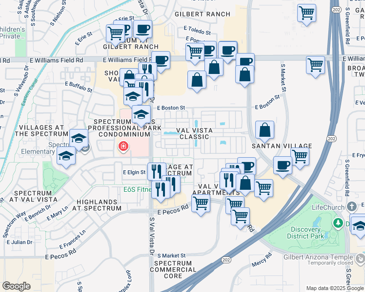 map of restaurants, bars, coffee shops, grocery stores, and more near 2773 South Key Biscayne Drive in Gilbert