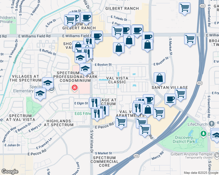 map of restaurants, bars, coffee shops, grocery stores, and more near 2773 South Key Biscayne Drive in Gilbert