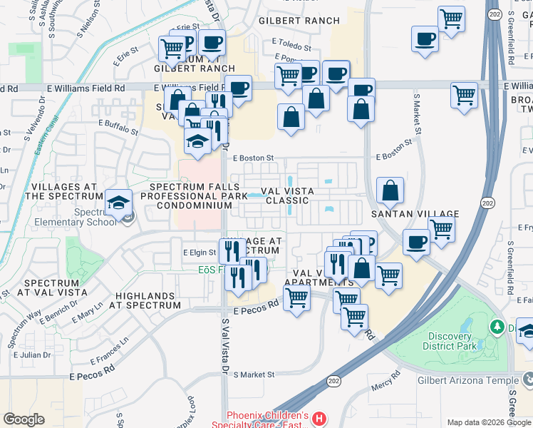 map of restaurants, bars, coffee shops, grocery stores, and more near 2773 South Key Biscayne Drive in Gilbert