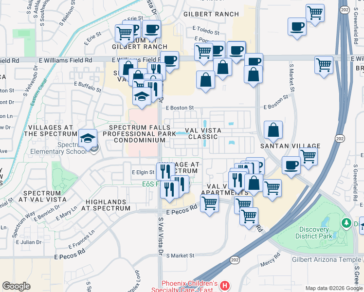 map of restaurants, bars, coffee shops, grocery stores, and more near 2773 South Key Biscayne Drive in Gilbert