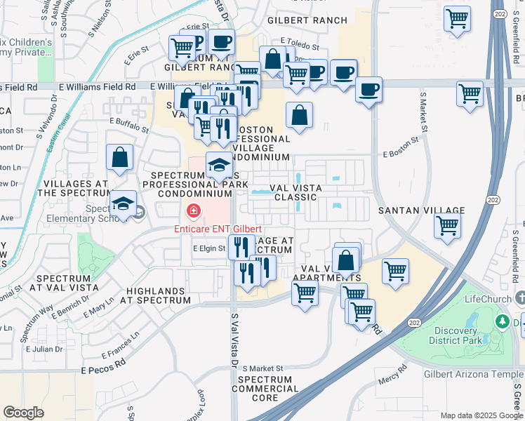 map of restaurants, bars, coffee shops, grocery stores, and more near 2774 South Harmony Avenue in Gilbert