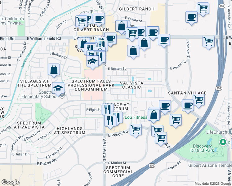 map of restaurants, bars, coffee shops, grocery stores, and more near 2774 South Harmony Avenue in Gilbert