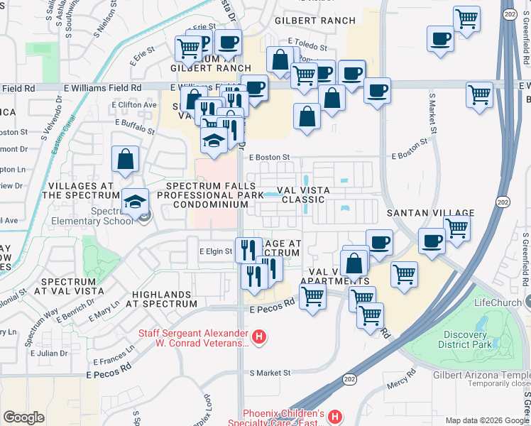 map of restaurants, bars, coffee shops, grocery stores, and more near 2774 South Harmony Avenue in Gilbert