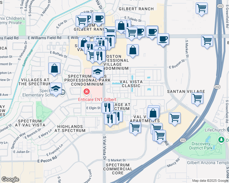 map of restaurants, bars, coffee shops, grocery stores, and more near 2774 South Harmony Avenue in Gilbert