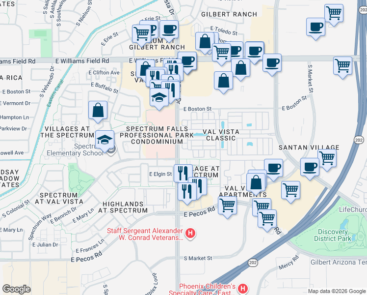 map of restaurants, bars, coffee shops, grocery stores, and more near 2774 South Harmony Avenue in Gilbert