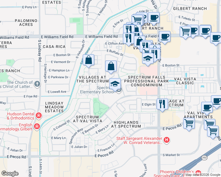 map of restaurants, bars, coffee shops, grocery stores, and more near 1277 East Parkview Drive in Gilbert