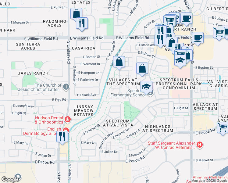 map of restaurants, bars, coffee shops, grocery stores, and more near 1094 East Lowell Avenue in Gilbert