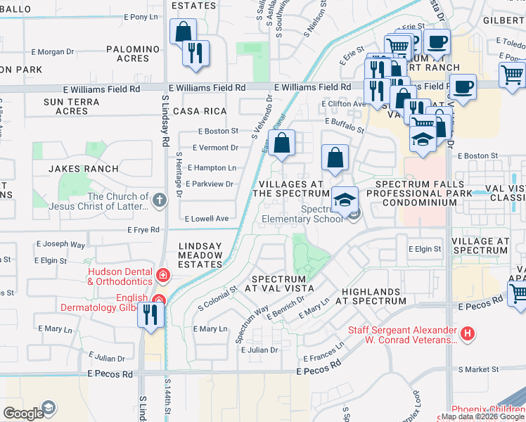map of restaurants, bars, coffee shops, grocery stores, and more near 1094 East Lowell Avenue in Gilbert