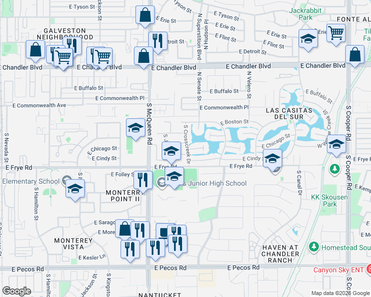 map of restaurants, bars, coffee shops, grocery stores, and more near 1235 East Chicago Circle in Chandler