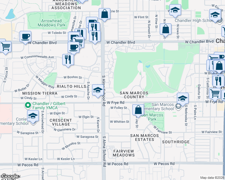 map of restaurants, bars, coffee shops, grocery stores, and more near 953 West Fairway Drive in Chandler