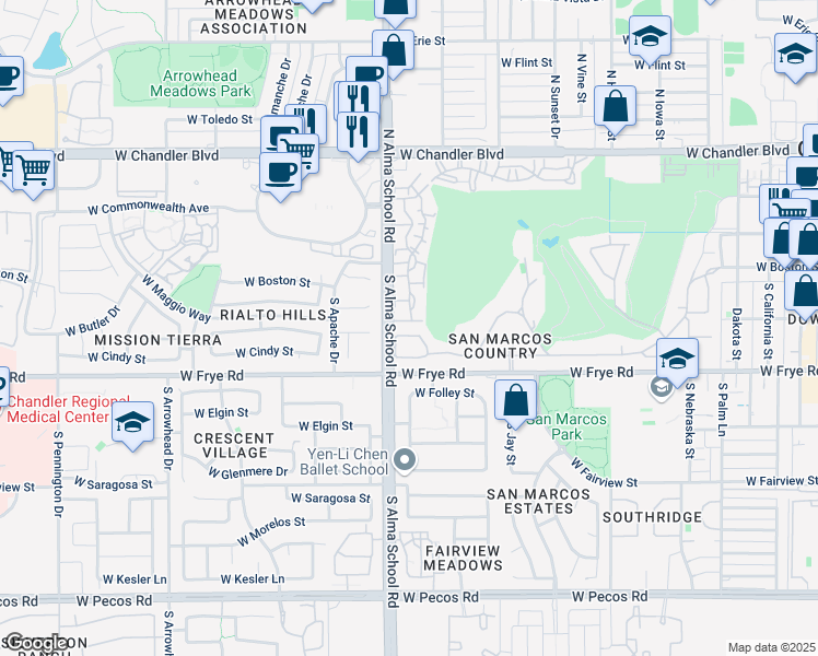 map of restaurants, bars, coffee shops, grocery stores, and more near 953 West Fairway Drive in Chandler