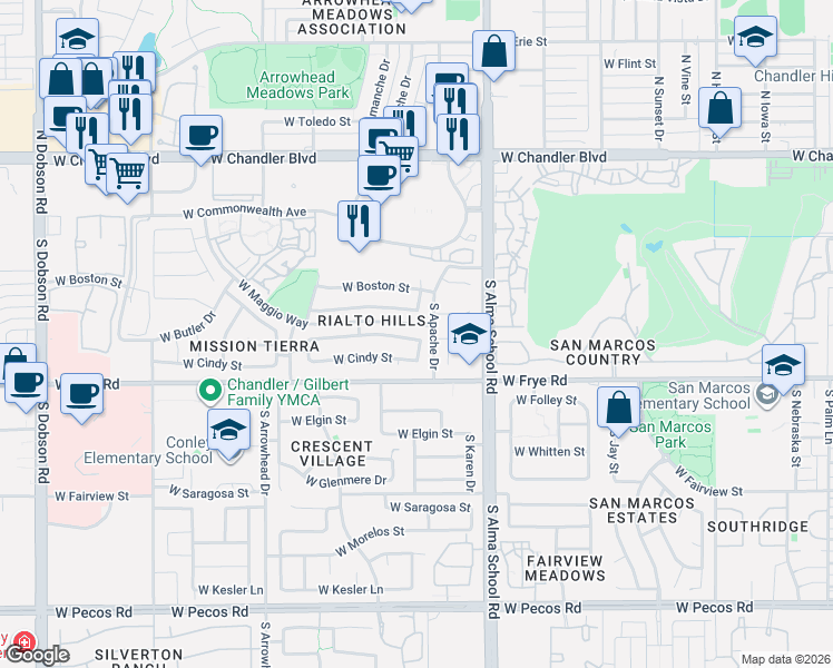 map of restaurants, bars, coffee shops, grocery stores, and more near 1191 West Chicago Street in Chandler