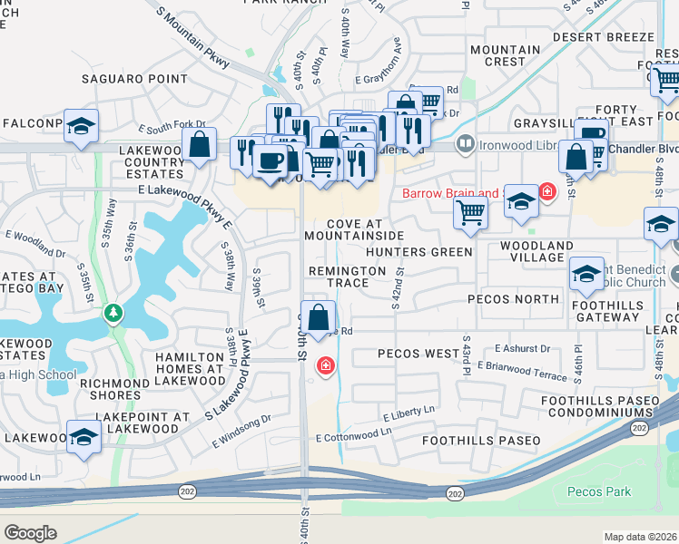 map of restaurants, bars, coffee shops, grocery stores, and more near 16053 South 40th Way in Phoenix