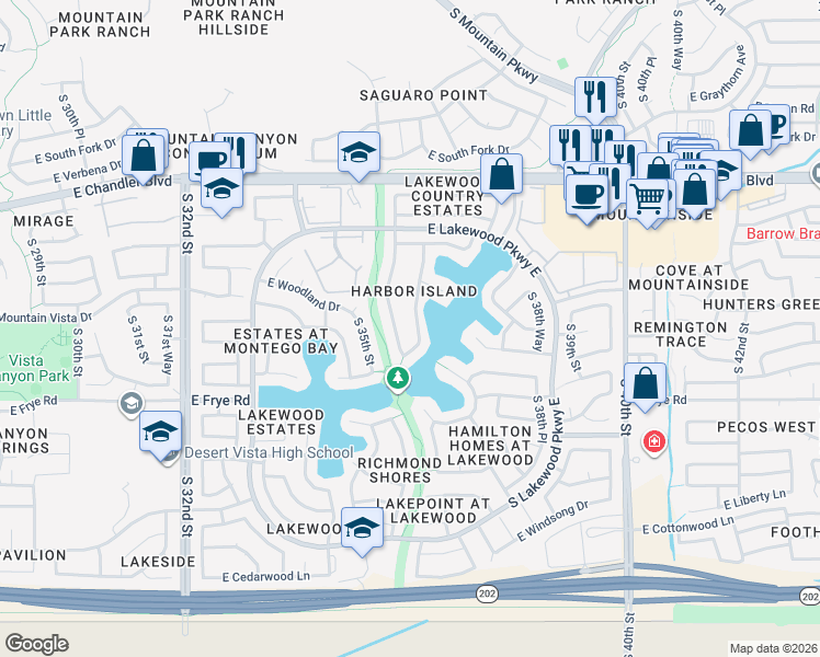 map of restaurants, bars, coffee shops, grocery stores, and more near 16211 South 36th Street in Phoenix
