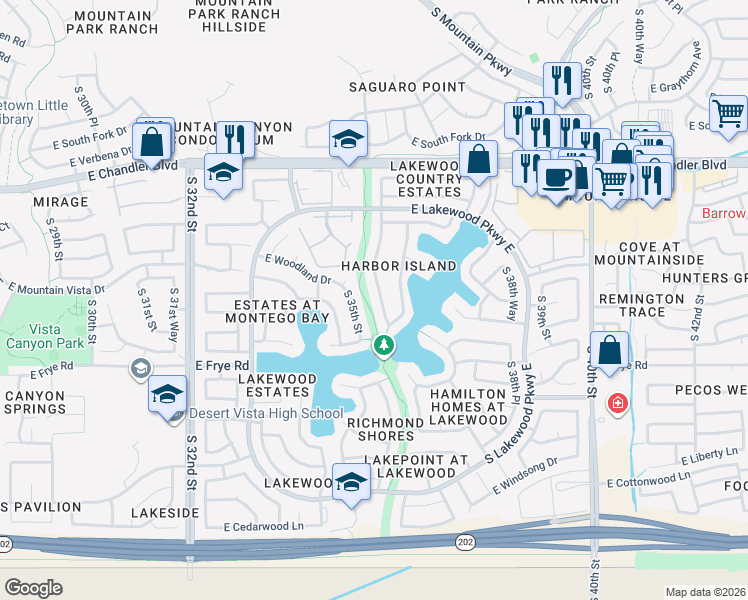 map of restaurants, bars, coffee shops, grocery stores, and more near 16202 South 35th Way in Phoenix