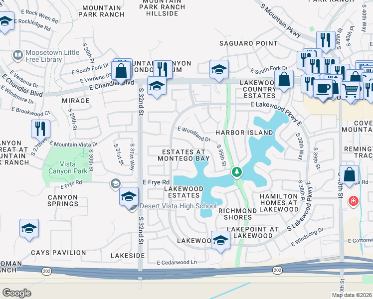 map of restaurants, bars, coffee shops, grocery stores, and more near 16203 South 33rd Place in Phoenix