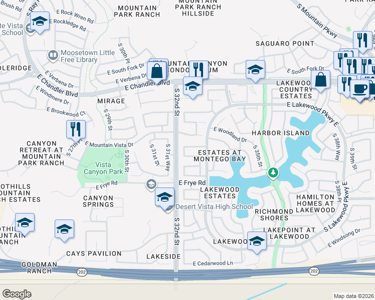 map of restaurants, bars, coffee shops, grocery stores, and more near 16026 South 32nd Place in Phoenix