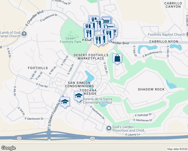 map of restaurants, bars, coffee shops, grocery stores, and more near 16070 South 11th Place in Phoenix