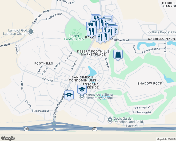 map of restaurants, bars, coffee shops, grocery stores, and more near 16013 South Desert Foothills Parkway in Phoenix