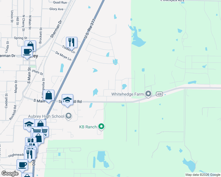 map of restaurants, bars, coffee shops, grocery stores, and more near 609 Spring Hill Road in Aubrey