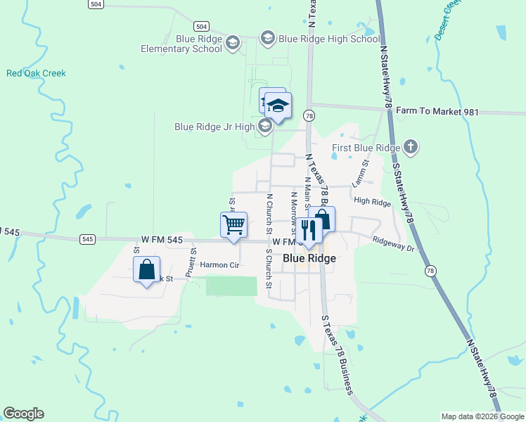 map of restaurants, bars, coffee shops, grocery stores, and more near 106 North Justin Street in Blue Ridge