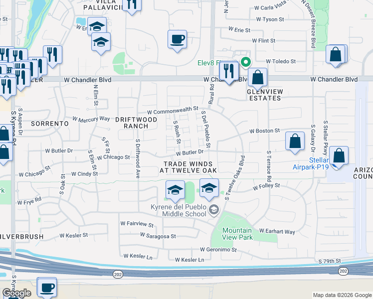 map of restaurants, bars, coffee shops, grocery stores, and more near 5253 West Jupiter Way in Chandler