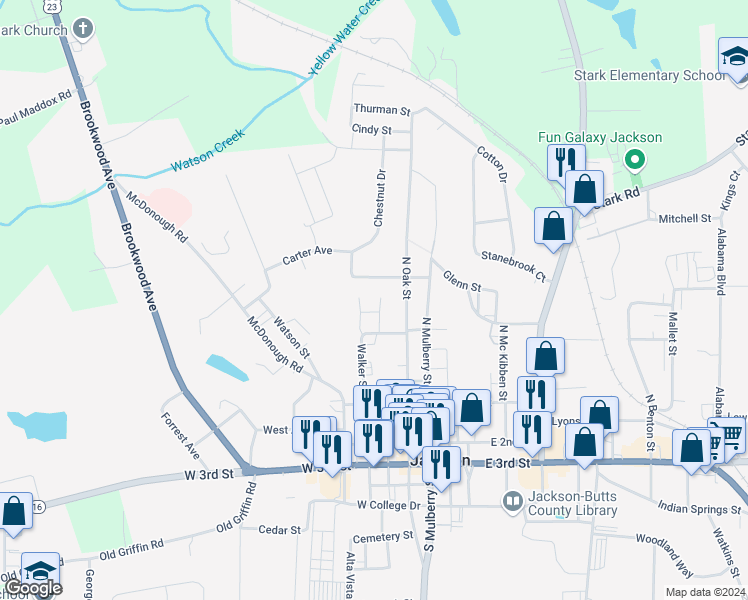 map of restaurants, bars, coffee shops, grocery stores, and more near 189 Evergreen Drive in Jackson
