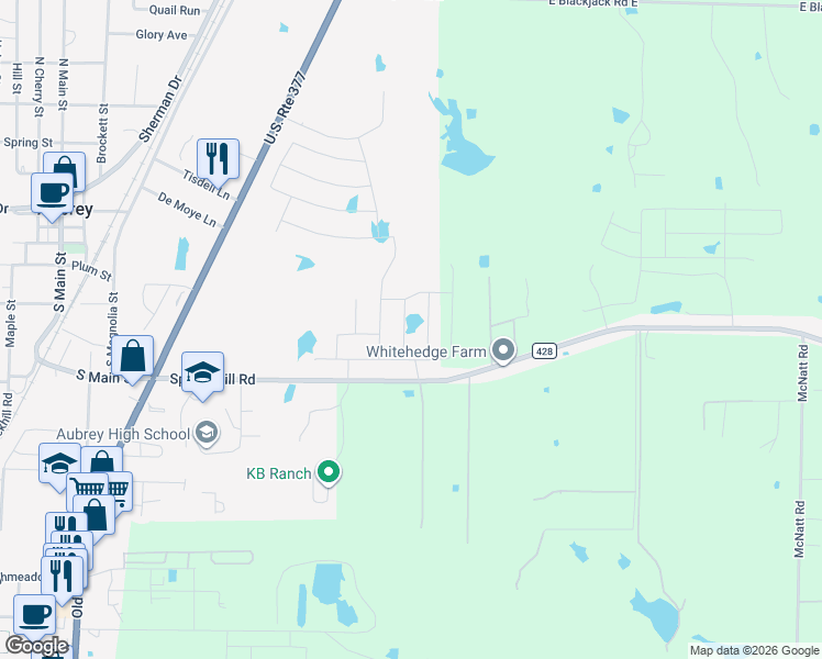 map of restaurants, bars, coffee shops, grocery stores, and more near 855-879 Spring Hill Road in Aubrey