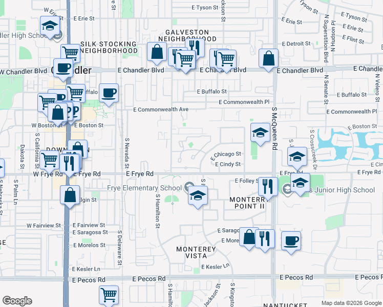 map of restaurants, bars, coffee shops, grocery stores, and more near 250 South Elizabeth Way in Chandler