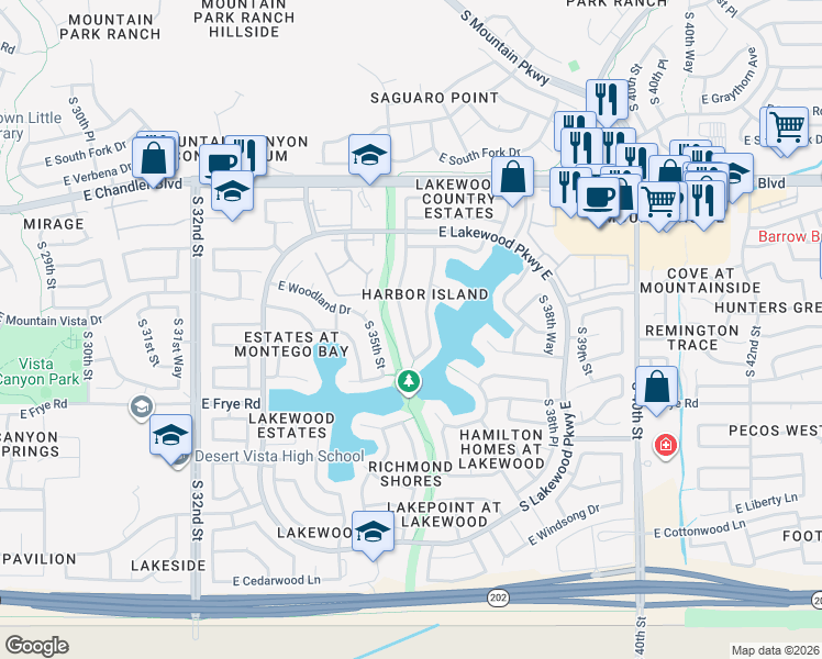 map of restaurants, bars, coffee shops, grocery stores, and more near 16202 South 35th Way in Phoenix