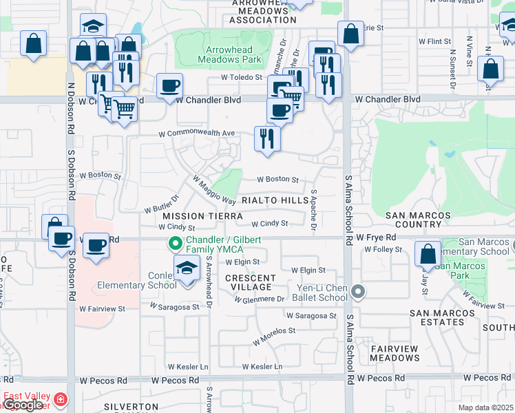 map of restaurants, bars, coffee shops, grocery stores, and more near 1261 West Chicago Street in Chandler