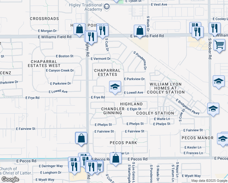 map of restaurants, bars, coffee shops, grocery stores, and more near 3380 East Frye Road in Gilbert