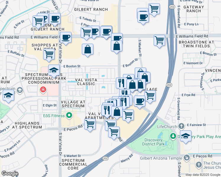 map of restaurants, bars, coffee shops, grocery stores, and more near 2781 South Equestrian Drive in Gilbert