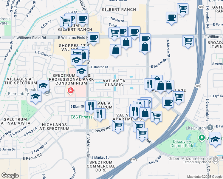 map of restaurants, bars, coffee shops, grocery stores, and more near 2778 South Voyager Drive in Gilbert