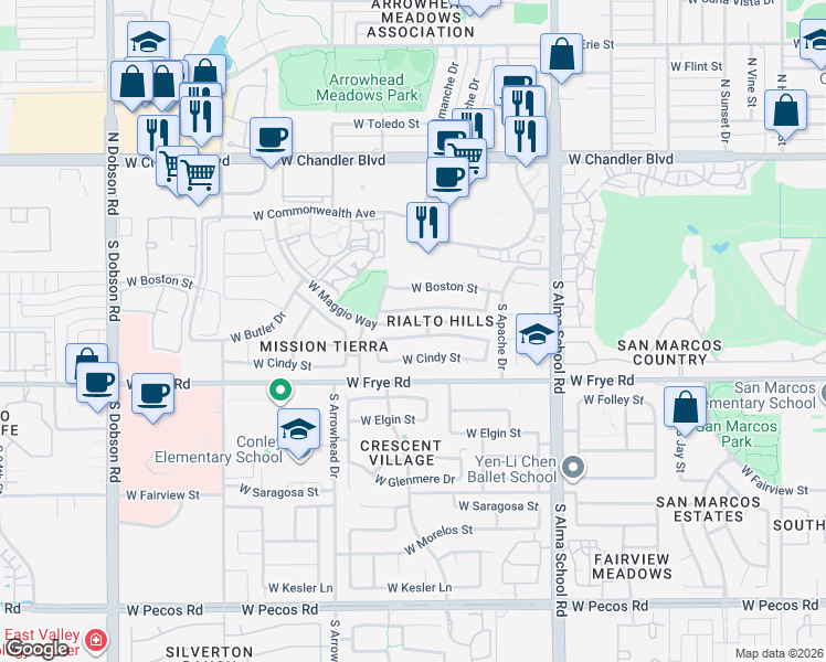 map of restaurants, bars, coffee shops, grocery stores, and more near 1261 West Chicago Street in Chandler