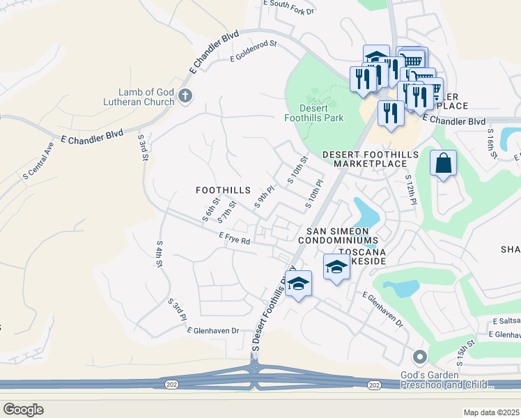 map of restaurants, bars, coffee shops, grocery stores, and more near 16043 South 9th Place in Phoenix