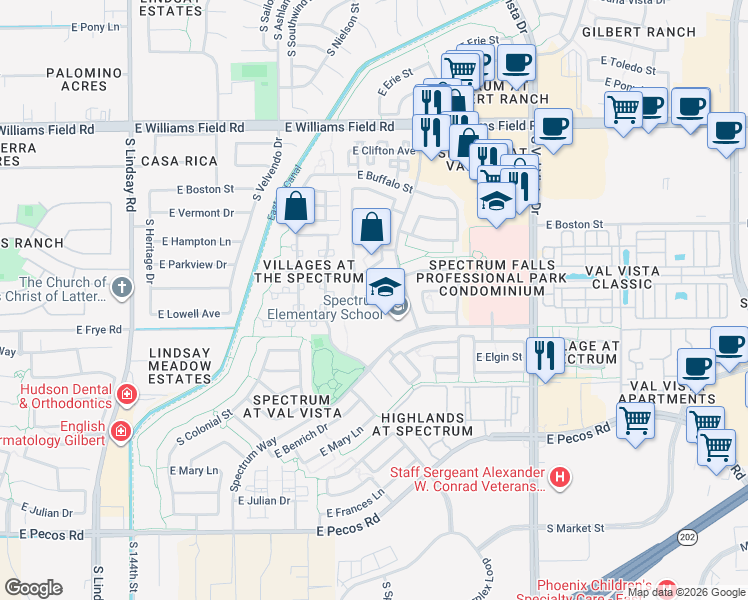 map of restaurants, bars, coffee shops, grocery stores, and more near 1277 East Parkview Drive in Gilbert
